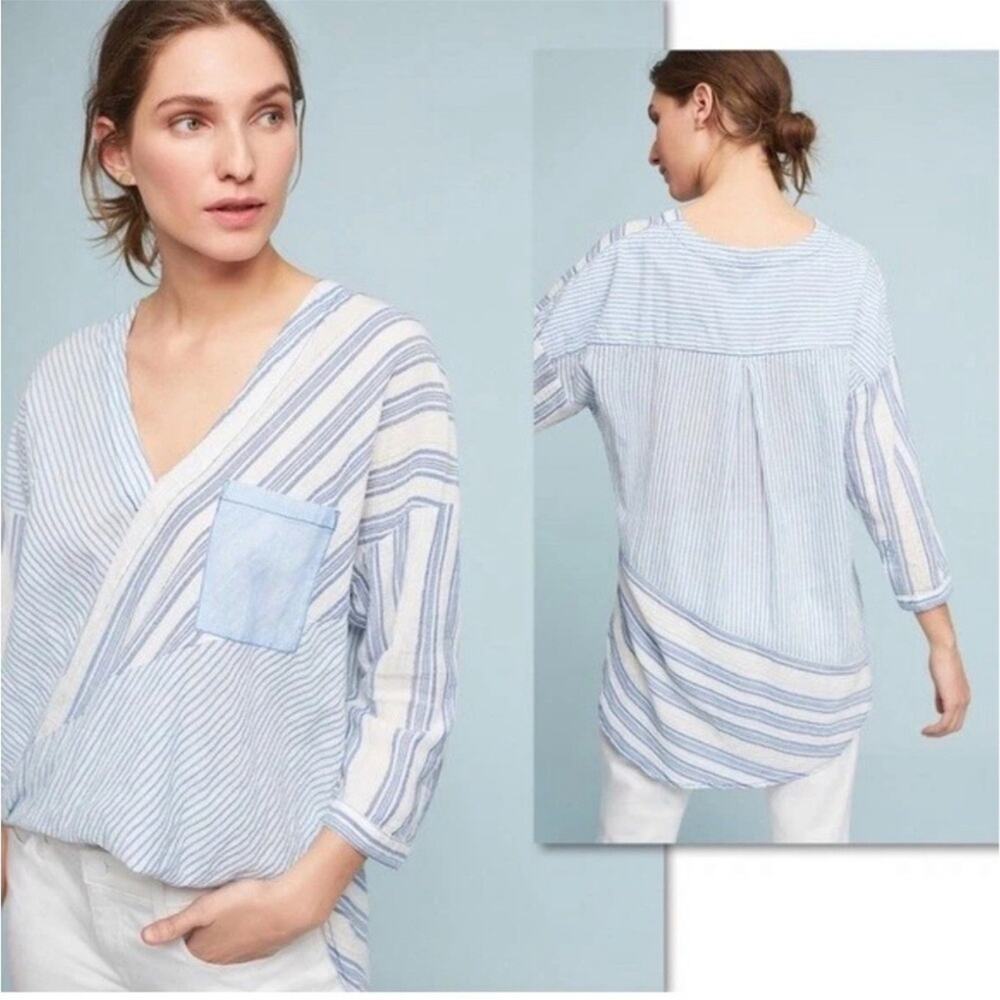 Anthropologie Holding Horses Zeni Blue Pin Striped Blouse Hi-Low Hem Size XS